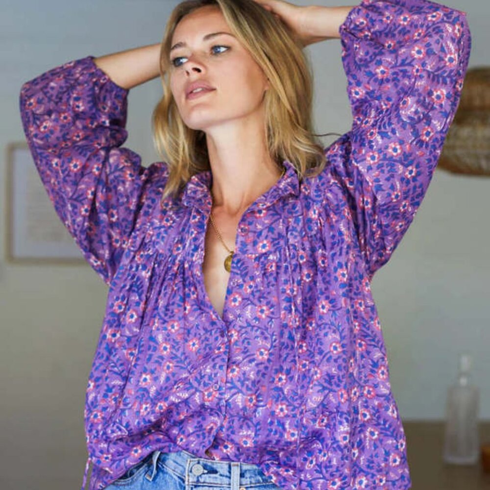 Emerson Fry India Colletion Violet Wildflower Emmaline Blouse - Sz M